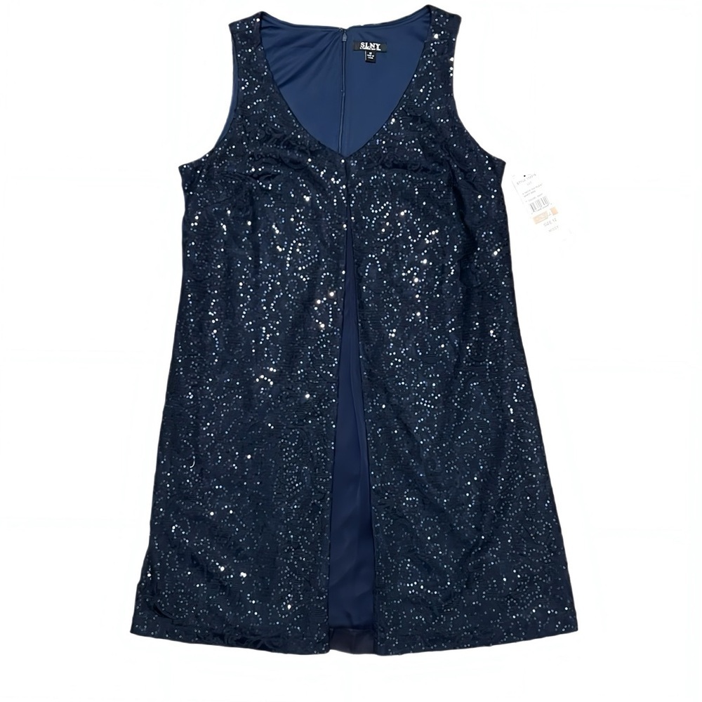 SLNY Navy Sequin Sleeveless Formal Cocktail Dress 12 Holiday New Years Evening